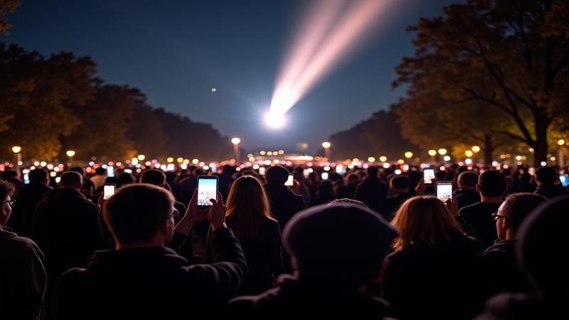 A park crowd gazes upward with phones aglow, as if chasing a meteor-shaped notification.