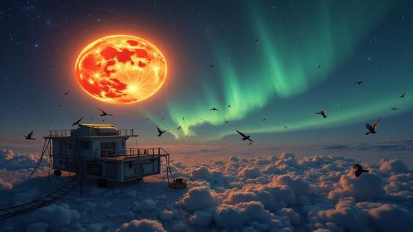 The Sun lifting a sleep mask while Earth clutches a flickering modem; auroras crackle over bewildered pigeons.