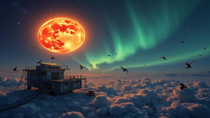 The Sun lifting a sleep mask while Earth clutches a flickering modem; auroras crackle over bewildered pigeons.