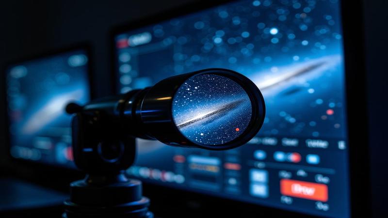 Close-up of a telescope mirror catching starlight while a control room monitor shows synchronized targeting paths like a cosmic marching formation.