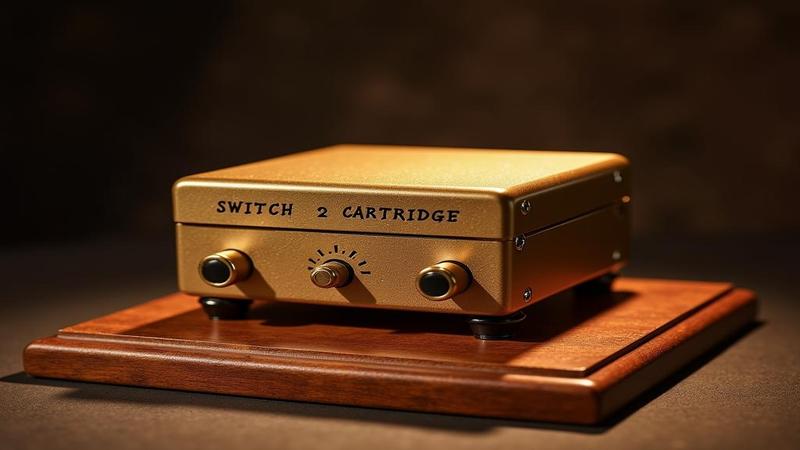 A gleaming Switch 2 cartridge box sits on a pedestal like a sacred relic.