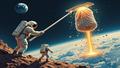 Illustration of astronauts wielding a giant celestial dustpan, corralling monstrous metal junk into a glowing trash bag hovering over Earth.
