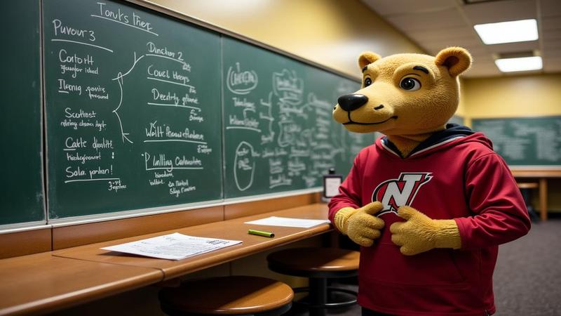 Locker-room chalkboard details a fading coaching theory while the team’s mascot contemplates the latest roster saga.