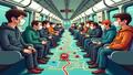 Masked commuters glare at a cartoon virus on a subway map while a heroic air purifier hums nearby.