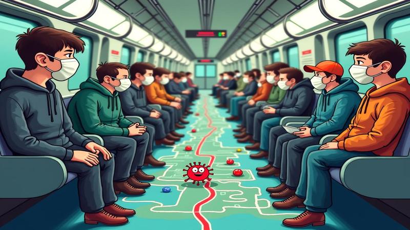Masked commuters glare at a cartoon virus on a subway map while a heroic air purifier hums nearby.
