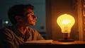 A bewildered homeowner stares at a glowing electricity bill as a line graph spirals upward beside a lamp.