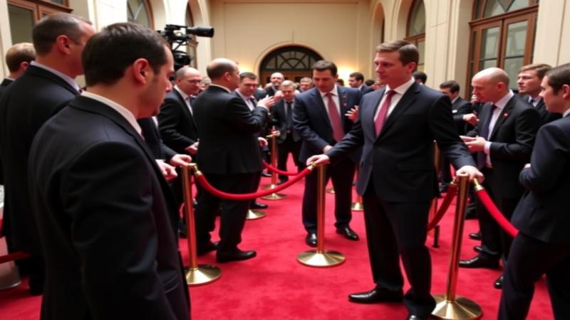 A secondary image shows staffers adjusting velvet ropes as cameras swarm.