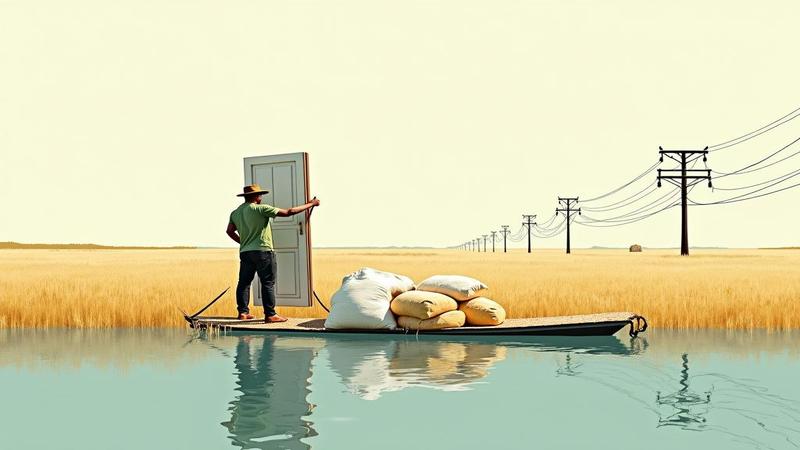 A farmer ferries a sack of flour on a door-turned-raft across submerged wheat, while power lines sketch tides on a drowned horizon.