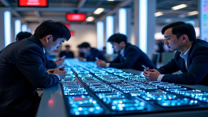 Shoppers in Seoul gawking at CPU boxes atop rising price charts, heat pipes shaped like won symbols.