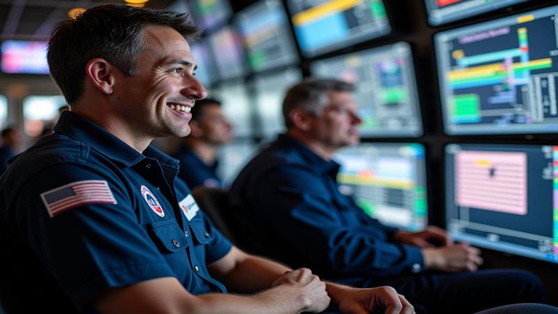 Ground crew share a quiet smile as monitors display shifting timelines and a poster of gravity finally gets a moment of respect.