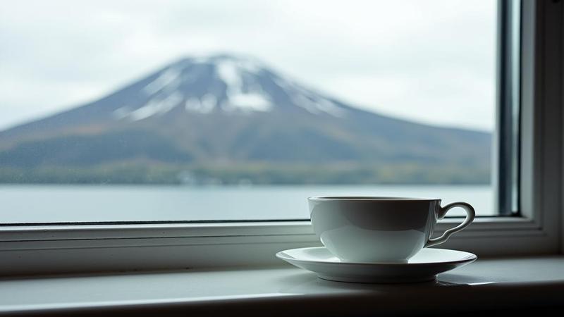 Kamchatka volcanoes under gray skies; seismograph needle twitches; untouched teacup on a windowsill declares the day ordinary with quiet, porcelain contempt.