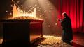 A movie theater box office counter with a rising graph bursting from a coffin, a priest’s silhouette splashing holy water as popcorn flies.