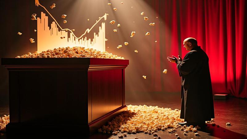 A movie theater box office counter with a rising graph bursting from a coffin, a priest’s silhouette splashing holy water as popcorn flies.