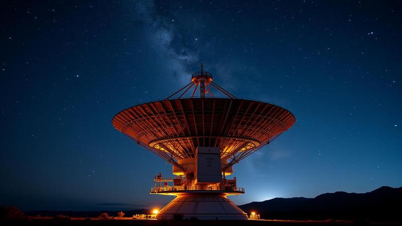Close-up of a space telescope dish under night sky streaked with energetic light, caption tags noting timestamps as if the cosmos is keeping office hours for explosions.
