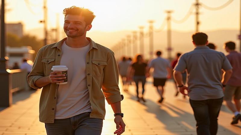 Shawn Hatosy strolling a sunlit set, clutching a budget-friendly mug while crew scurries by.