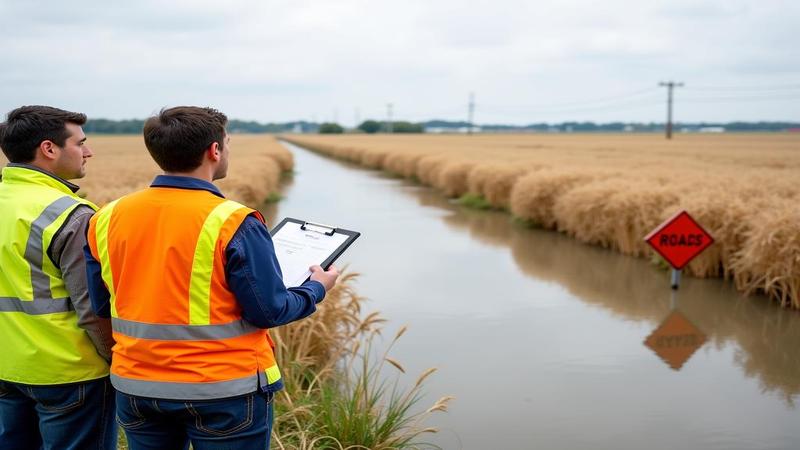 Officials in reflective vests peer at floodwater with clipboards, a 'Road' sign pointing decisively into a lake of wheat.