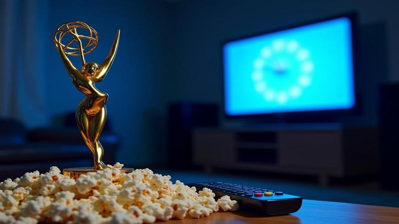 Emmy statue glaring at confused wall clock, TV remote on popcorn pile, living room bathed in blue screen light, suggesting time-zone chaos and ceremonial nerves.