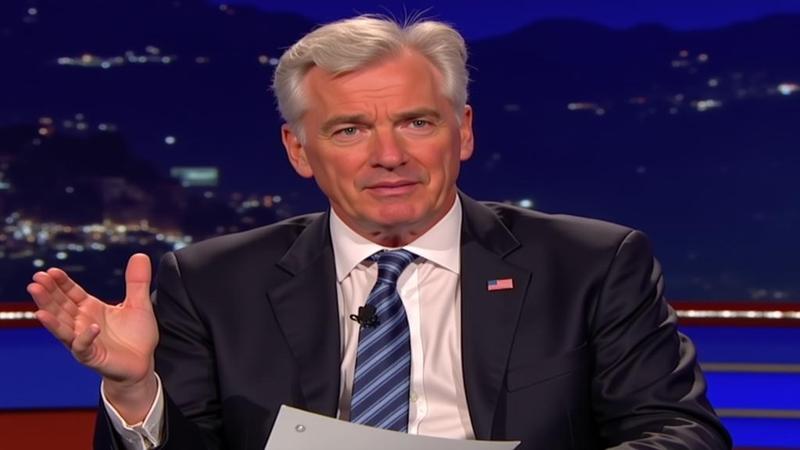 Bill Maher on a talk show set, earnest hand gesture, glowing mug, cue cards, and a super-serious eyebrow.