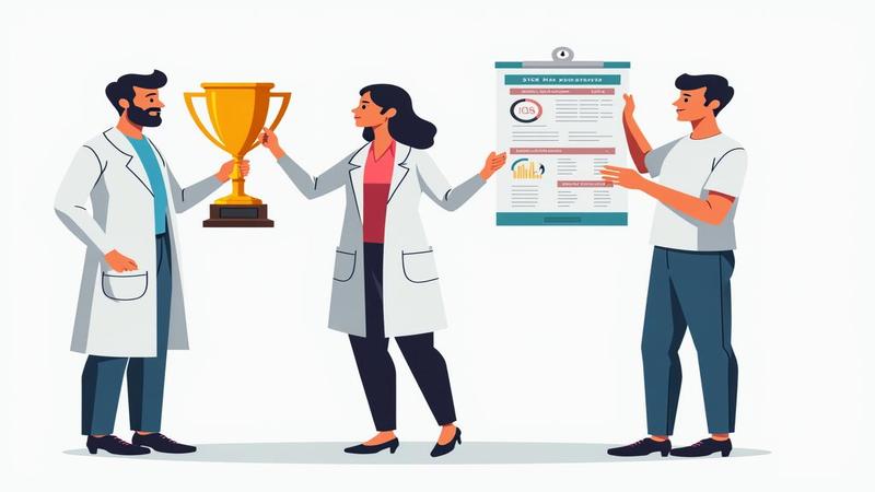 Oncologist presenting a chart while a patient triumphantly holds a bargain pharmacy receipt like a trophy beside a colon illustration.