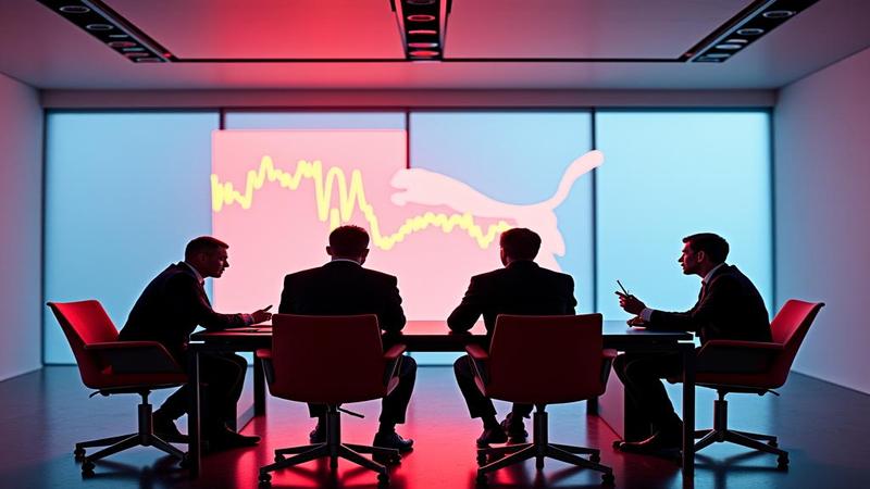 A sunlit, minimalist boardroom where the Pinaults debate Puma's future while a stock chart glows like a neon sneaker.