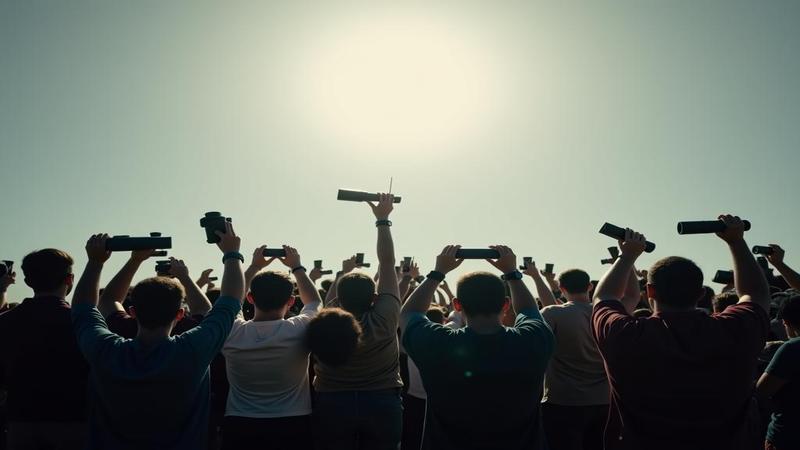 Still Missing,' while a crowd holds up binoculars and empty space.