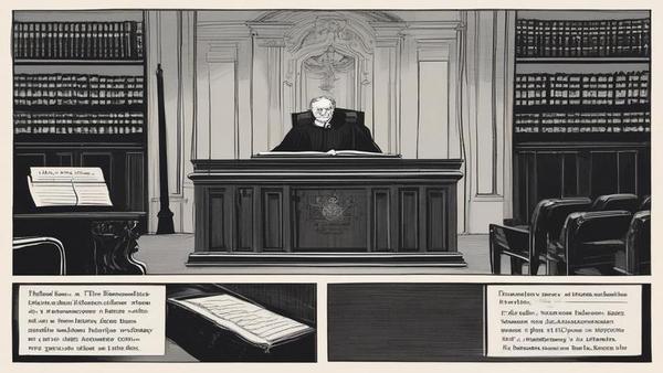A blacked-out page labeled 'Prime Minister,' a fountain pen sweating, and a courtroom bench pretending not to hear.