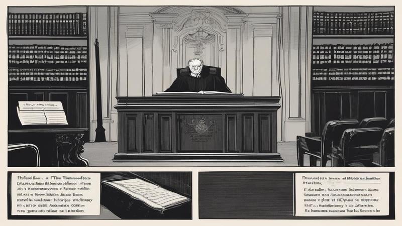 A blacked-out page labeled 'Prime Minister,' a fountain pen sweating, and a courtroom bench pretending not to hear.