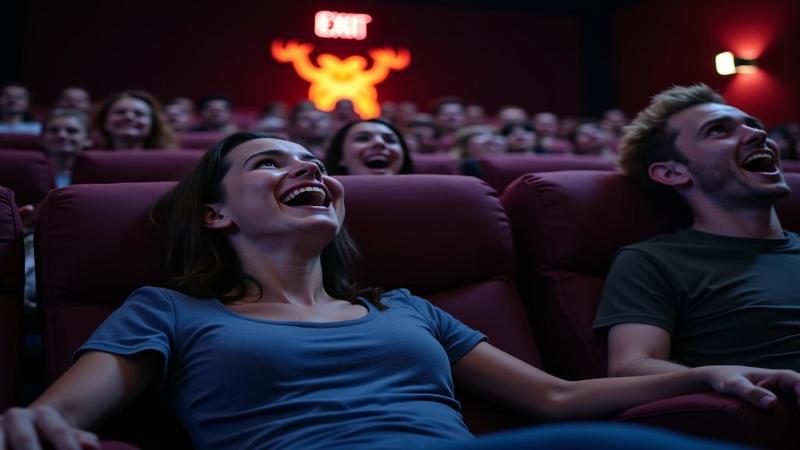 Audience mid-scream as plush recliner seats appear possessed, a glowing EXIT sign flickering like a demonic sigil in the background.