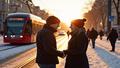 Two Oslo lovers pause mid-argument to apologize in perfect winter light, tram arriving politely behind them, subtitle reads “Would you like space?”