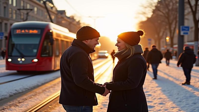 Two Oslo lovers pause mid-argument to apologize in perfect winter light, tram arriving politely behind them, subtitle reads “Would you like space?”