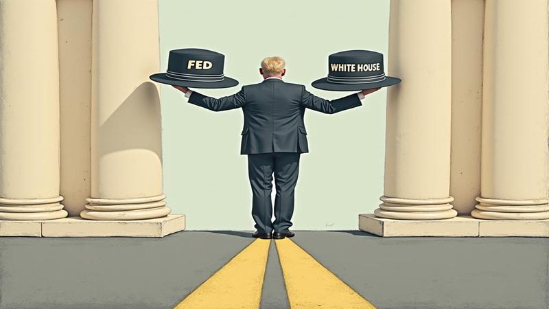 A suited official balancing two hats labeled “Fed” and “White House,” standing on a painted line between the buildings, pretending the line is a firewall.