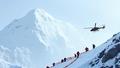 High-altitude helicopter hovers near icy ridge, rescuers signaling to stranded hikers beneath prayer flags, looming storm wall over Everest’s south side, urgency and frostbite in every frame.