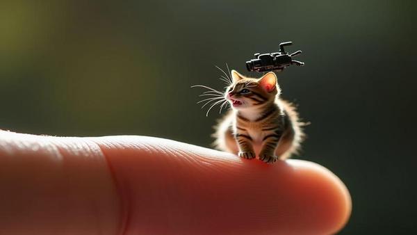 Tiny modular camera balanced on a fingertip, absurdly cinematic light flaring, a cat mid-sneeze in slow motion, spec sheet floating like holy scripture.