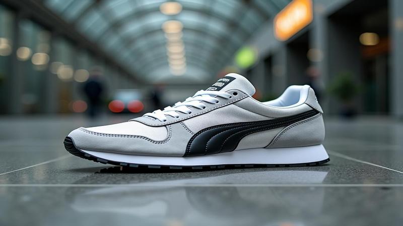 A single Puma sneaker rests on a ledger as executives hover, eyes wide with the gravity of corporate destiny.