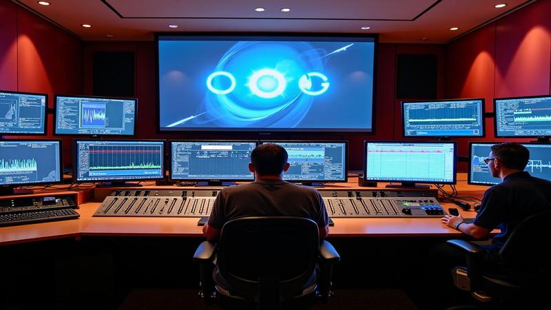 LIGO control room monitors, jagged waveforms on screens, scientists grinning like DJs who just dropped the universe’s heaviest bassline.