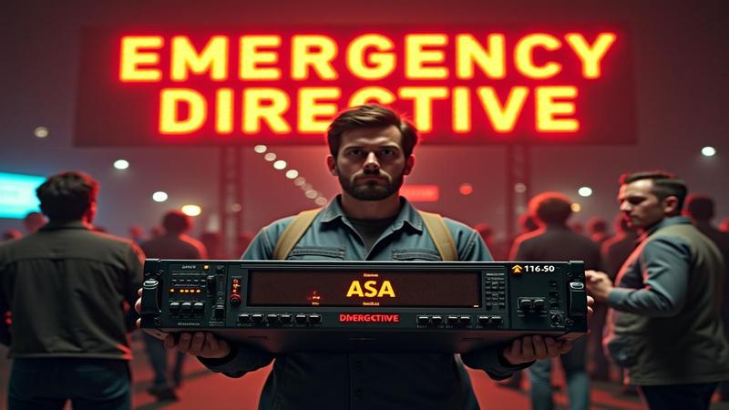 A weary IT admin holding a smoking firewall appliance labeled ASA while a giant flashing 'EMERGENCY DIRECTIVE' sign blinks overhead like a casino jackpot.