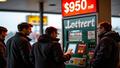 Lottery jackpot sign shows $950 million as customers queue at gas station, their faces a collage of hope, mathematics, and caffeine under fluorescent lights.
