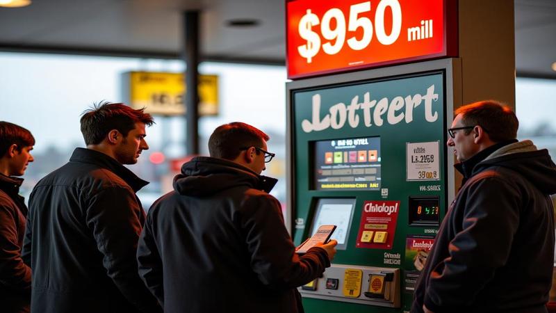 Lottery jackpot sign shows $950 million as customers queue at gas station, their faces a collage of hope, mathematics, and caffeine under fluorescent lights.