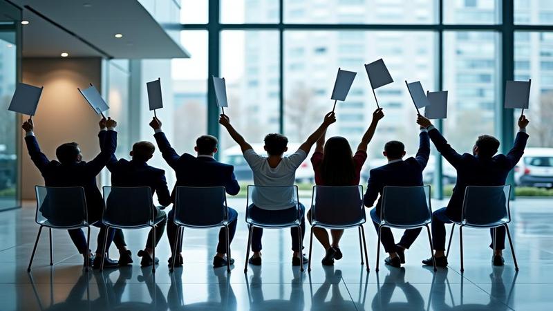 A line of ecstatic investors seated on invisible chairs outside a glassy exchange, waving blank bid forms like flags.