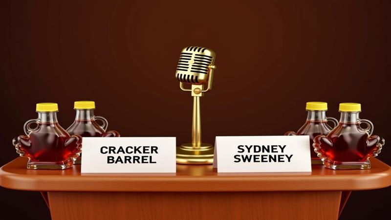 A podium flanked by maple syrup bottles and a gold microphone, as cue cards read 'CRACKER BARREL' and 'SYDNEY SWEENEY' like quarterly earnings slides.