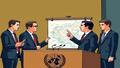 At the UN podium, a gesturing leader points at a blank map while diplomats glance at phones and a confused interpreter searches for the fire emoji.