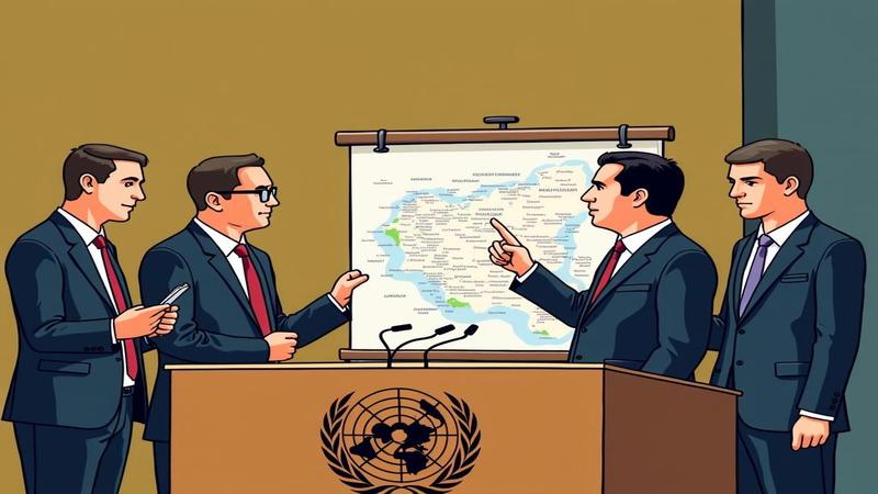 At the UN podium, a gesturing leader points at a blank map while diplomats glance at phones and a confused interpreter searches for the fire emoji.
