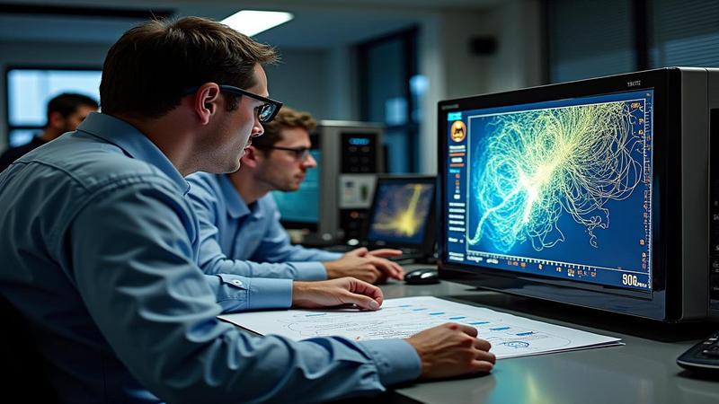 Engineers squint at spaghetti-like space-weather graphs labeled ‘Definitely Fine,’ as a microwave hums ominously in the background.