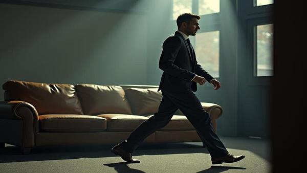 Defiant office worker mid-stride past a sulking couch, sticky note on calf reading “Not Today, Clot.” Dramatic lighting like a sports ad.