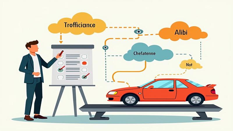 An engineer presenting a flowchart labeled 'Not Cheating' while a car on a treadmill exudes cartoon clouds labeled 'Confidence' and 'Alibi.'