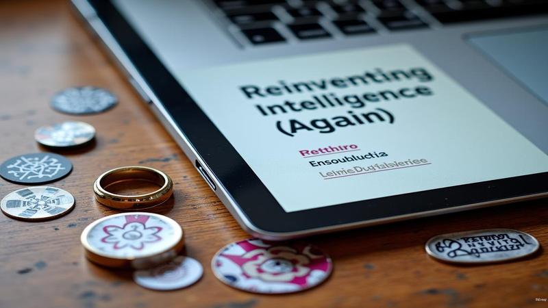 Close-shot of a pitch deck slide titled Reinventing Intelligence (Again) beside a kombucha ring and battle-scarred laptop stickers.