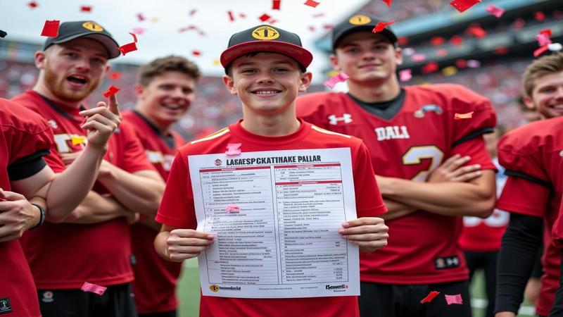 Jaxson Dart holding a play sheet while teammates celebrate, confetti mistaken for penalty flags adds to the confusion.