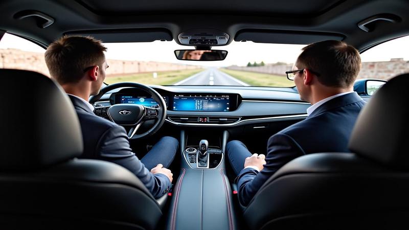 Tech executives pose with a mock car cockpit, shushing the audience while the AI assistant rehearses its stand-up routine.