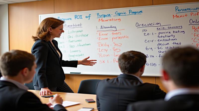 Suzy Welch gesturing at a whiteboard labeled ROI of Purpose, students scribbling furiously, banners promising Meaning, MBA lanyards dangling like existential medals.