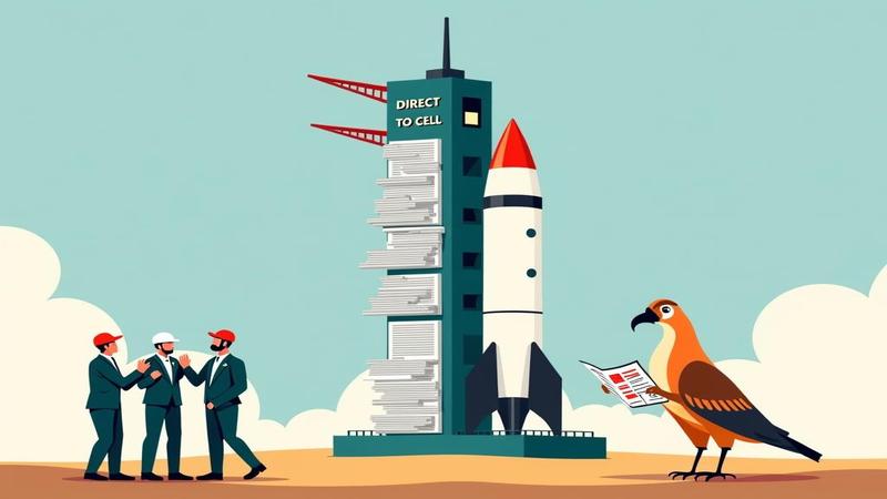 Engineers high-fiving under a launch tower labeled 'DIRECT-TO-CELL,' a stack of contracts taller than the rocket and a confused falcon reading a coverage map.